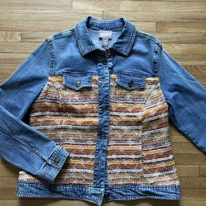 Chico's Cool Weave Denim Jean Jacket Women Sz 1 Medium Boho Artsy Eclectic Retro